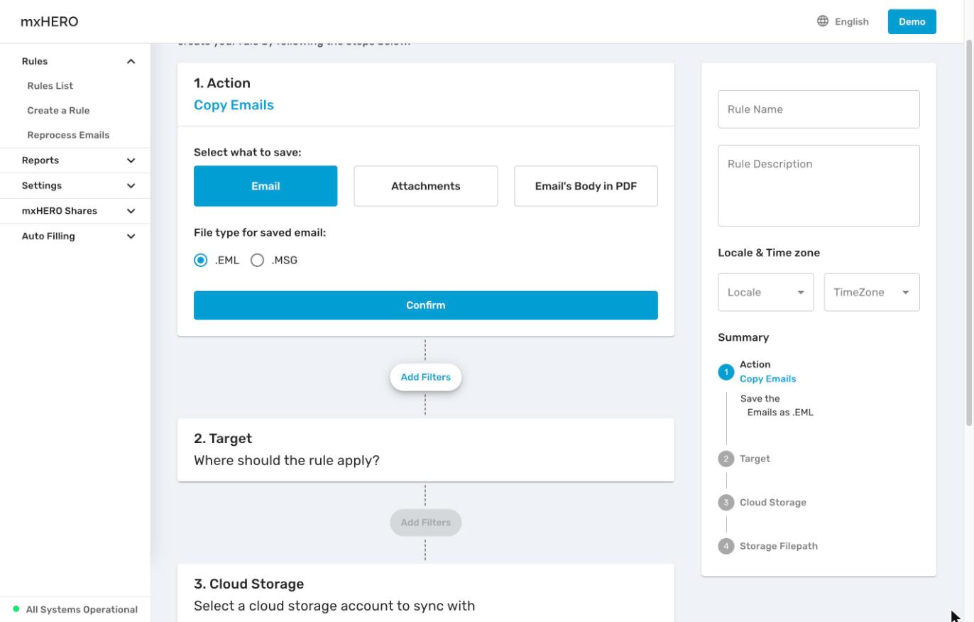 Copy Emails Action step with Email selected and the .EML and .MSG choice
