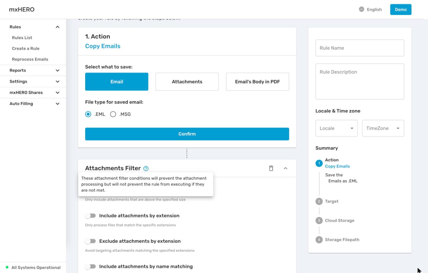 Attachments Filter panel for Copy Emails