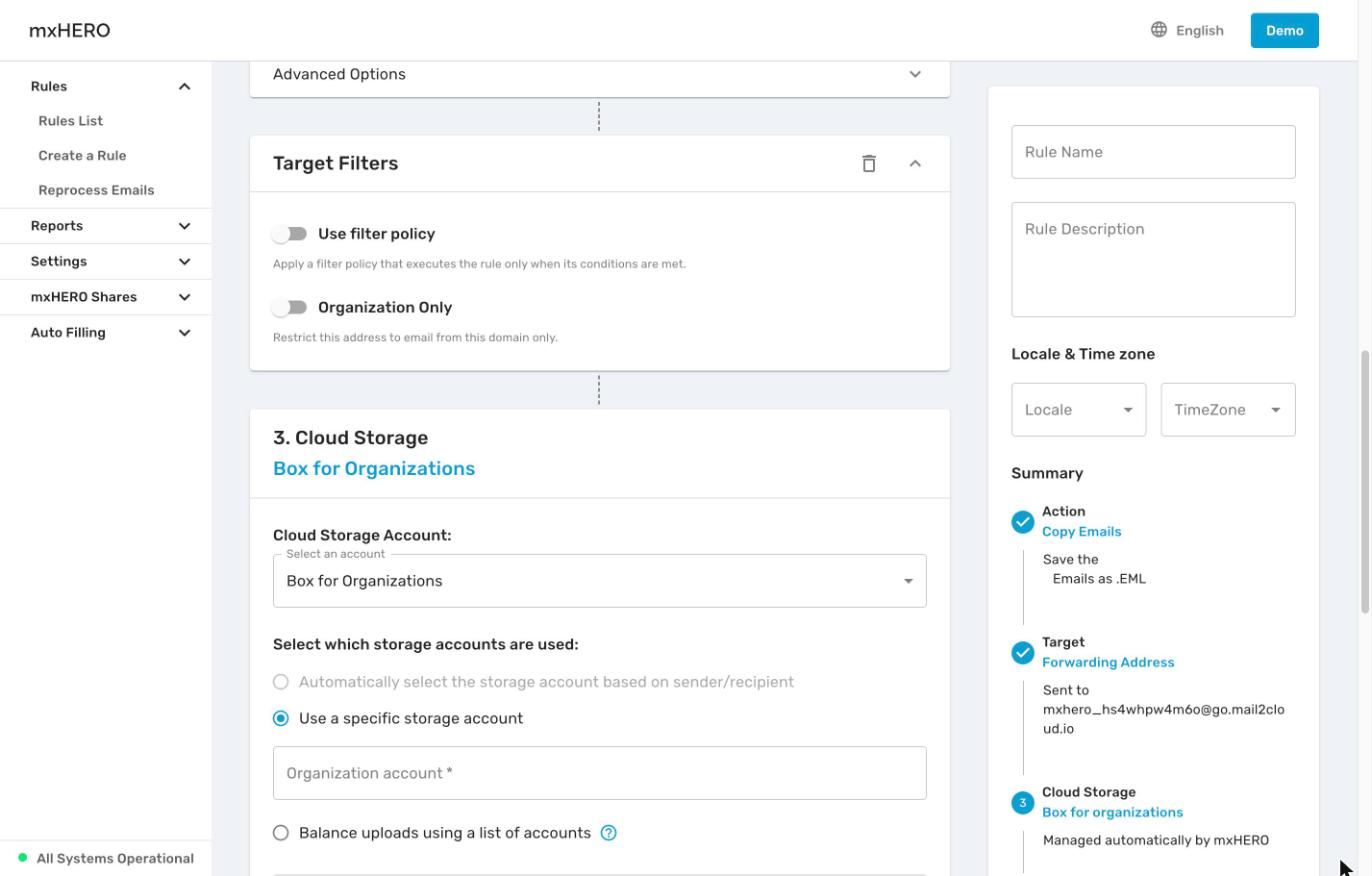 Target Filters for a Forwarding Address and Cloud Storage set to a specific account