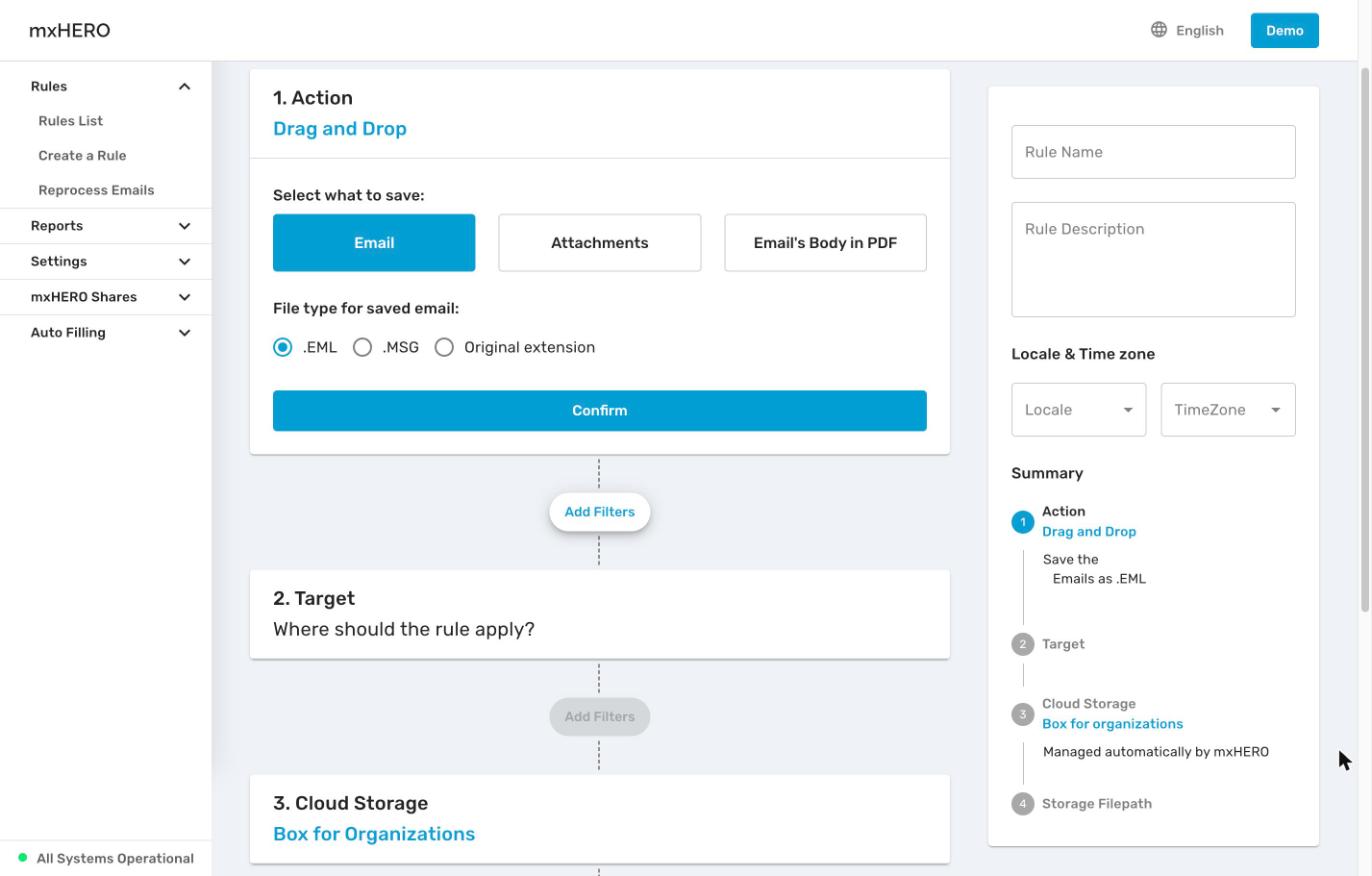 Drag and Drop Action step with .EML, .MSG and Original extension, and the fixed storage steps in the Summary