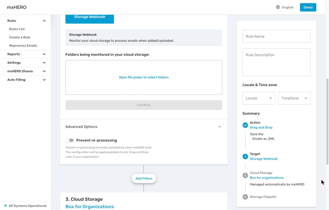 Storage Webhook target with the folder picker area and Prevent re-processing