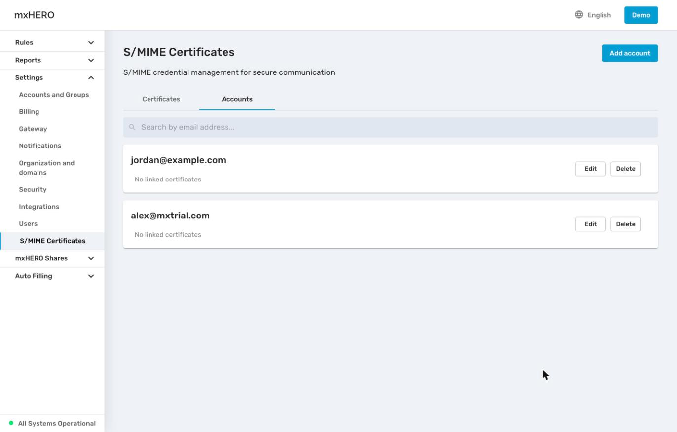 S/MIME Certificates, Accounts tab