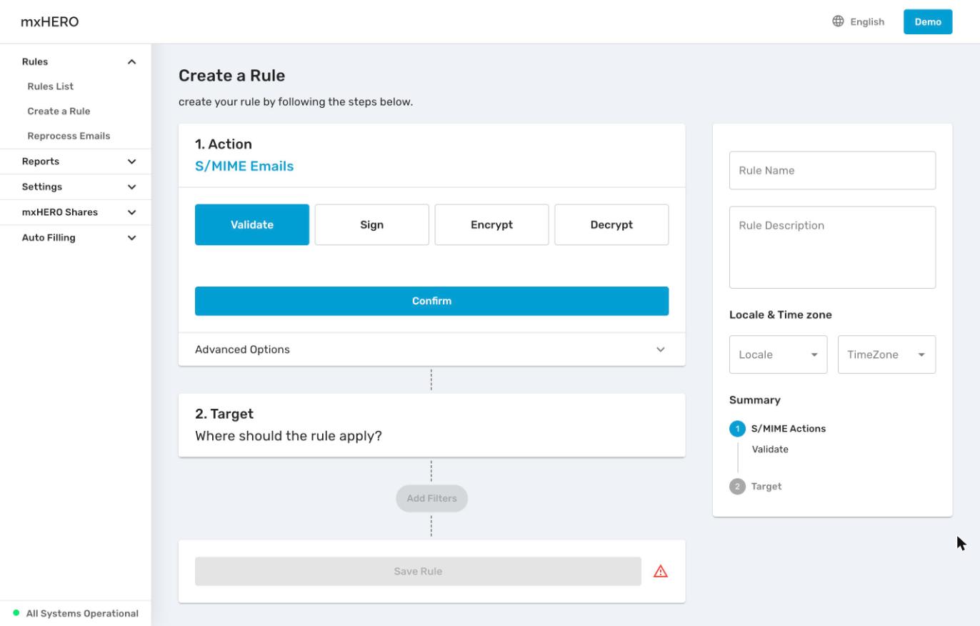 S/MIME Emails Action step with the Validate, Sign, Encrypt and Decrypt buttons