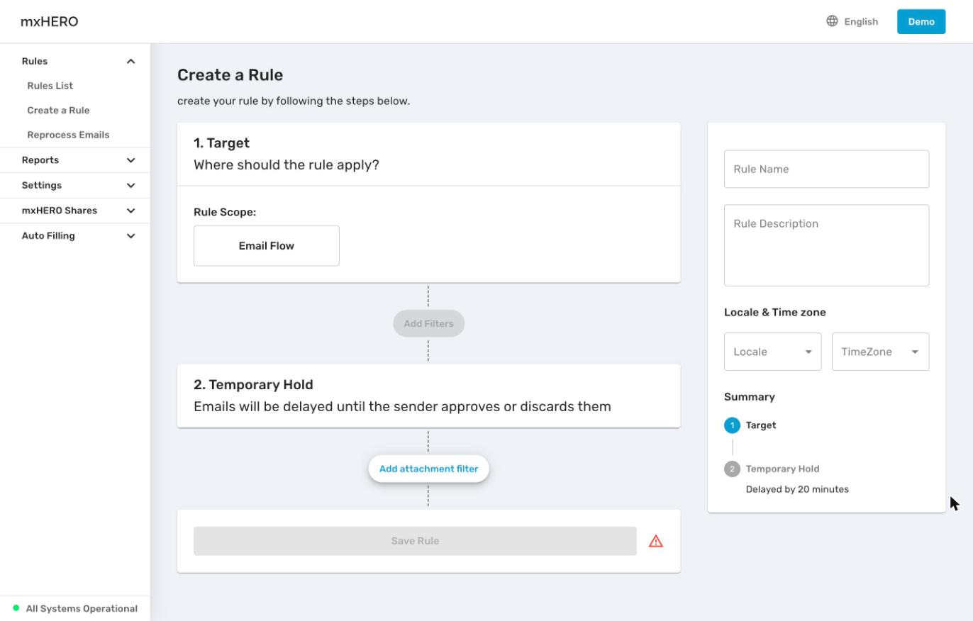 The Temporary Hold wizard: 1. Target and 2. Temporary Hold, with Add attachment filter and the Summary "Delayed by 20 minutes"