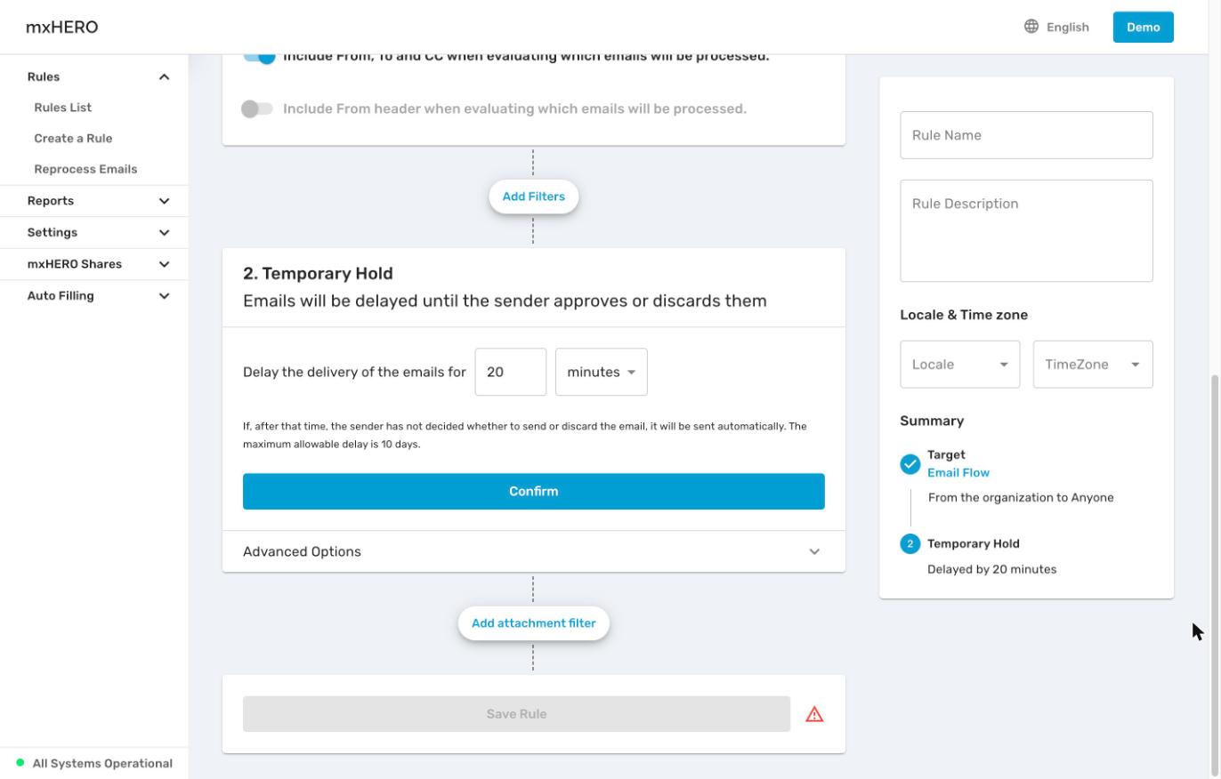 Temporary Hold step with the delay field, unit and help text
