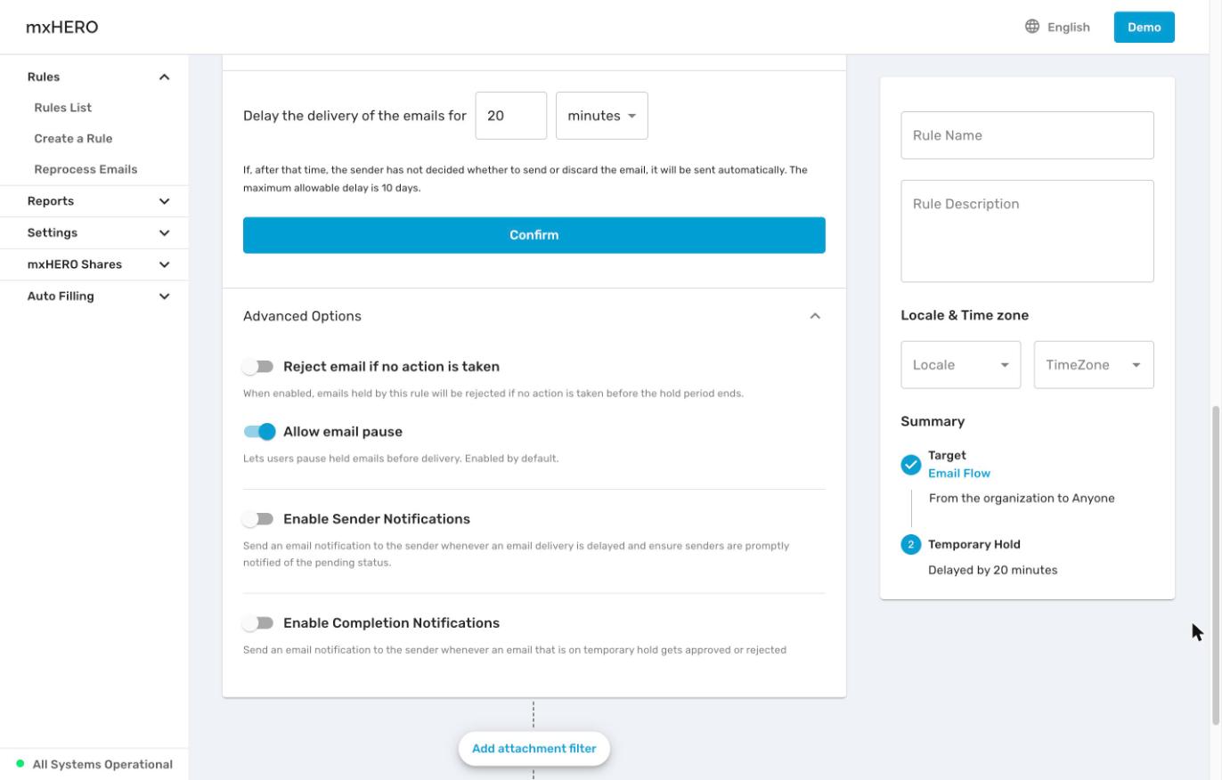 Temporary Hold Advanced Options with their default states