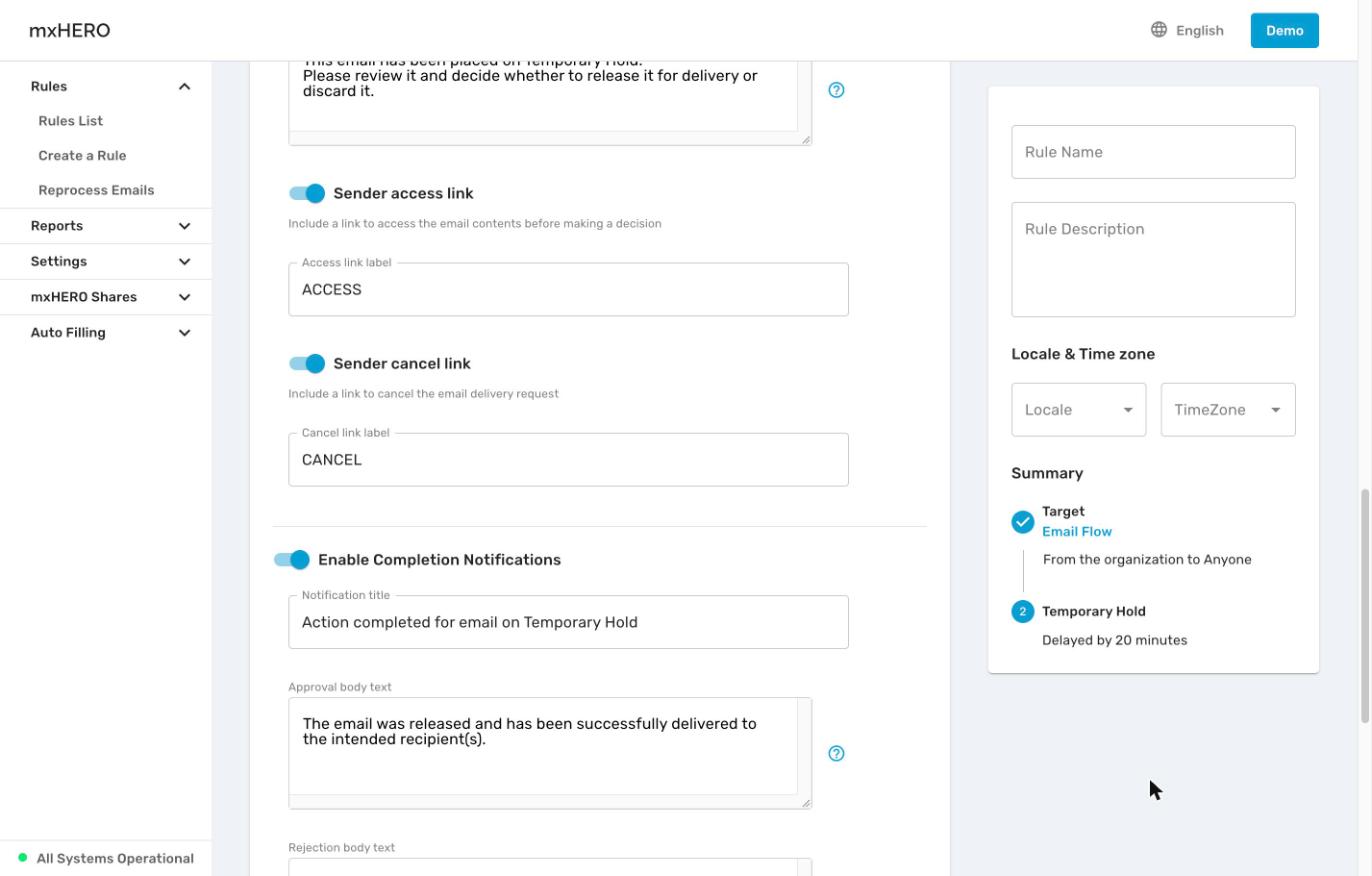 Sender and completion notification fields with their default texts