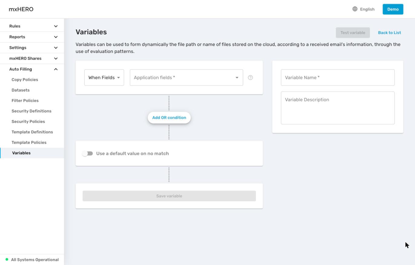 Empty Create variable form with Variable Name, Variable Description, When Fields and Condition