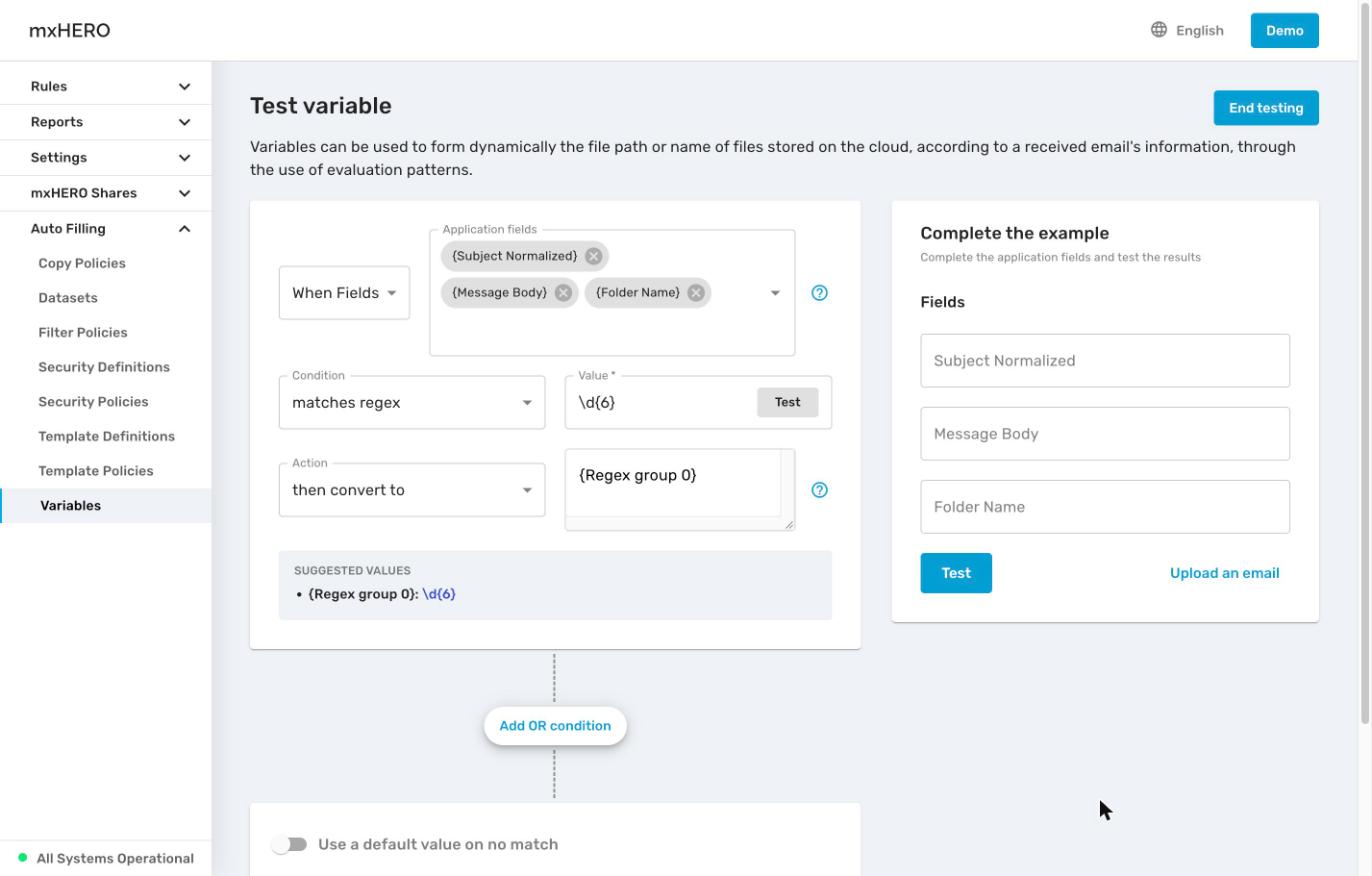Test variable panel with Complete the example fields, Test button and Upload an email link