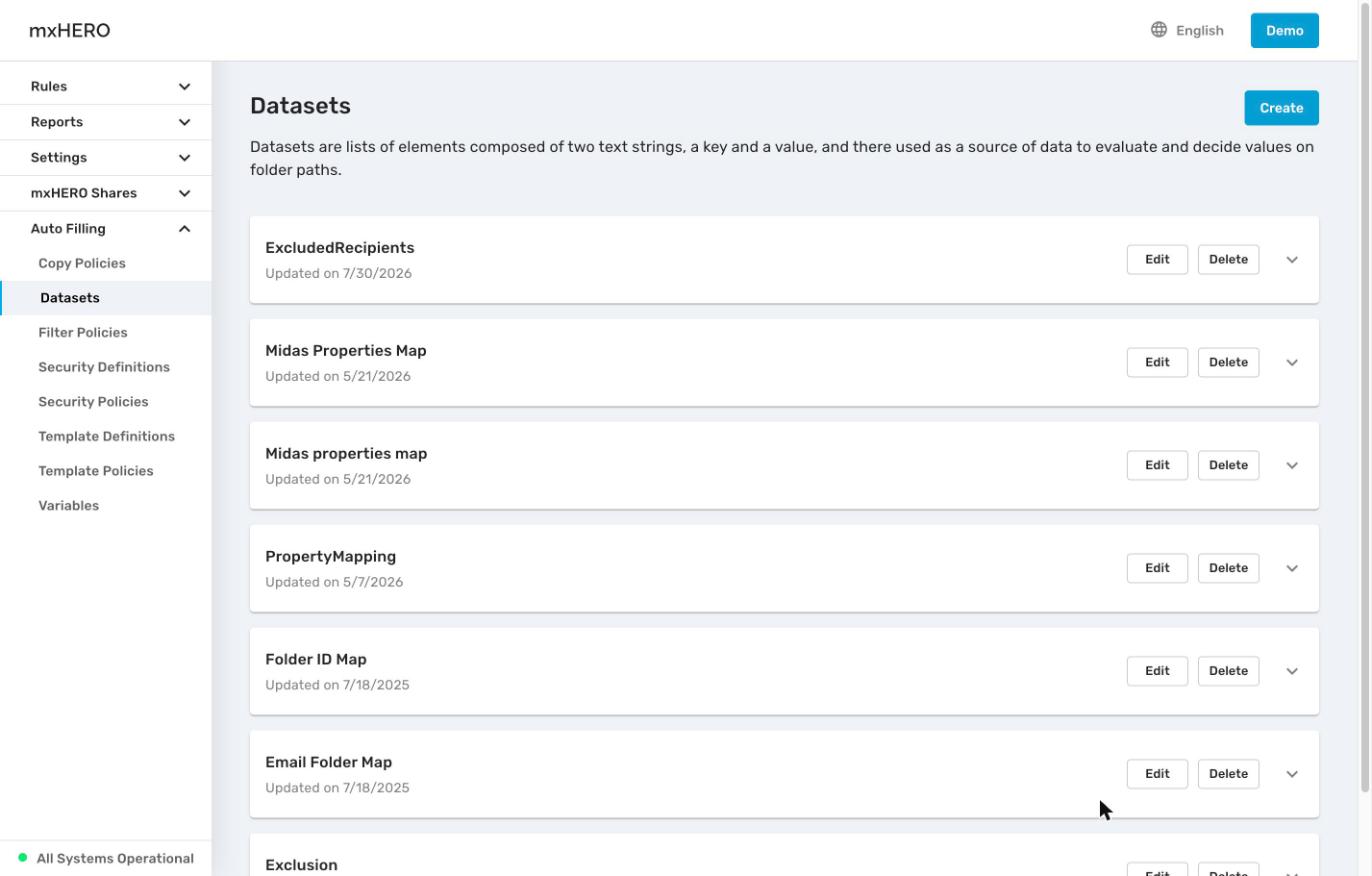 Datasets list with Edit and Delete buttons