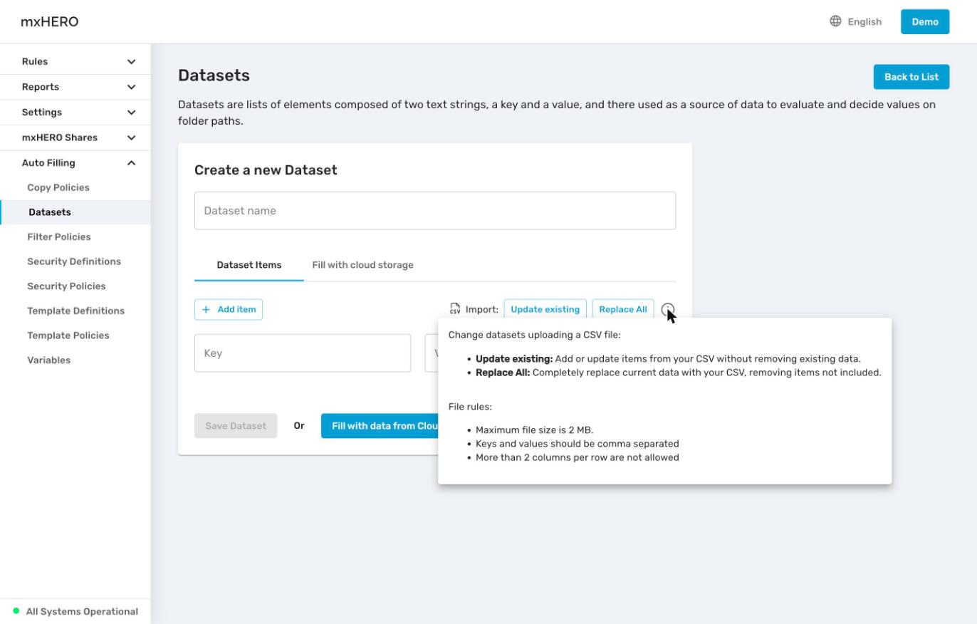 Create a new Dataset with the Dataset Items tab, Add item, CSV import buttons and the import tooltip