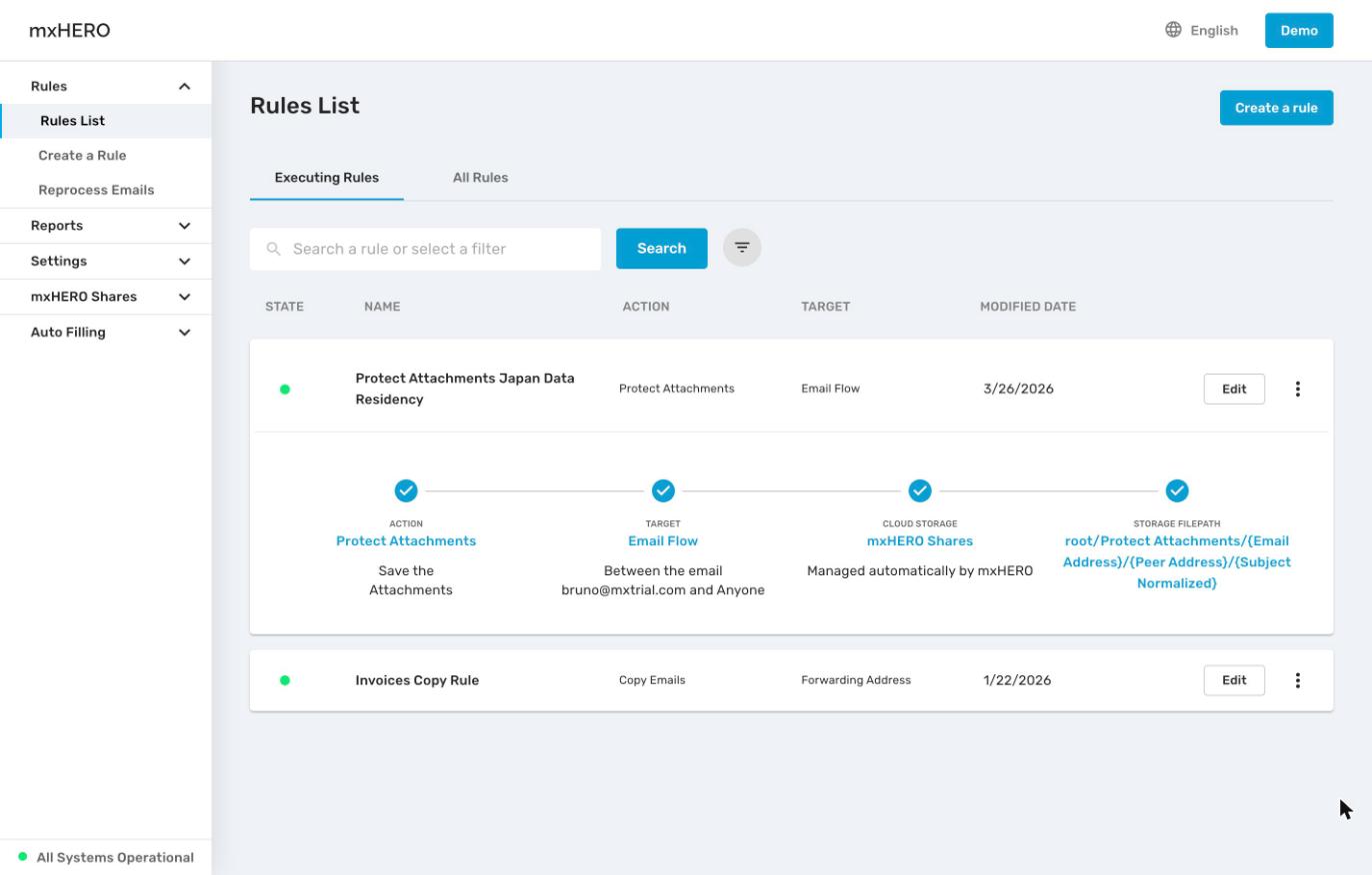 An expanded rule row showing the Action, Target, Cloud Storage and Storage Filepath summary