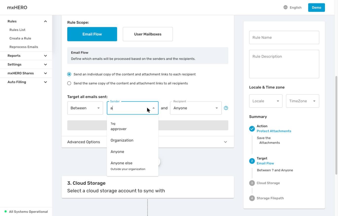 Sender search showing tag, Organization, Anyone and Anyone else options