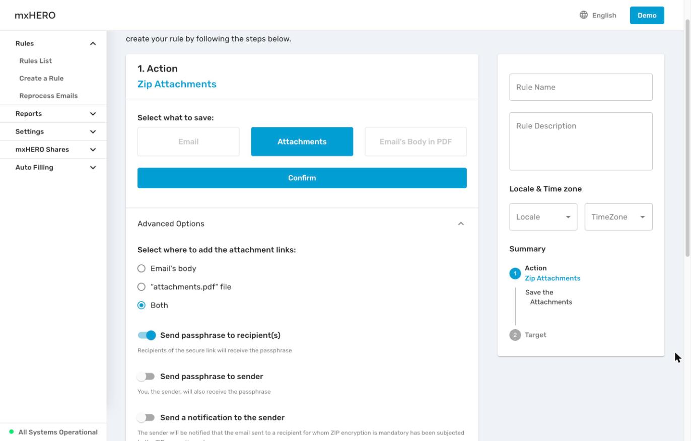 Zip Attachments Action step with Attachments selected and the passphrase options