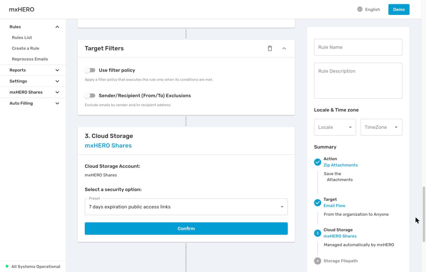 Zip Attachments Target Filters and Cloud Storage fixed to mxHERO Shares with the 7-day preset