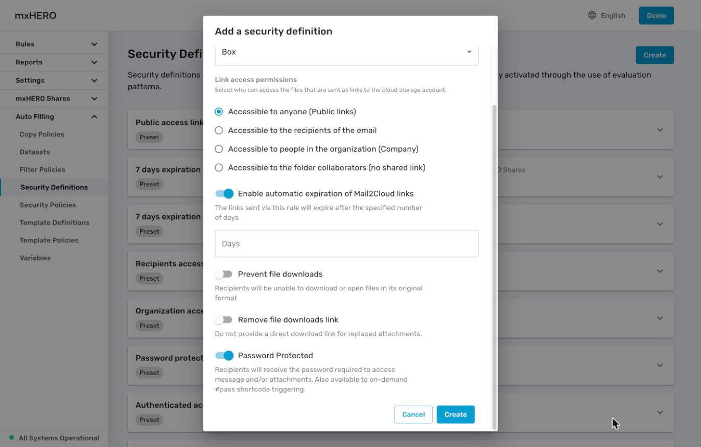 Add a security definition dialog for Box with expiration days and Password Protected