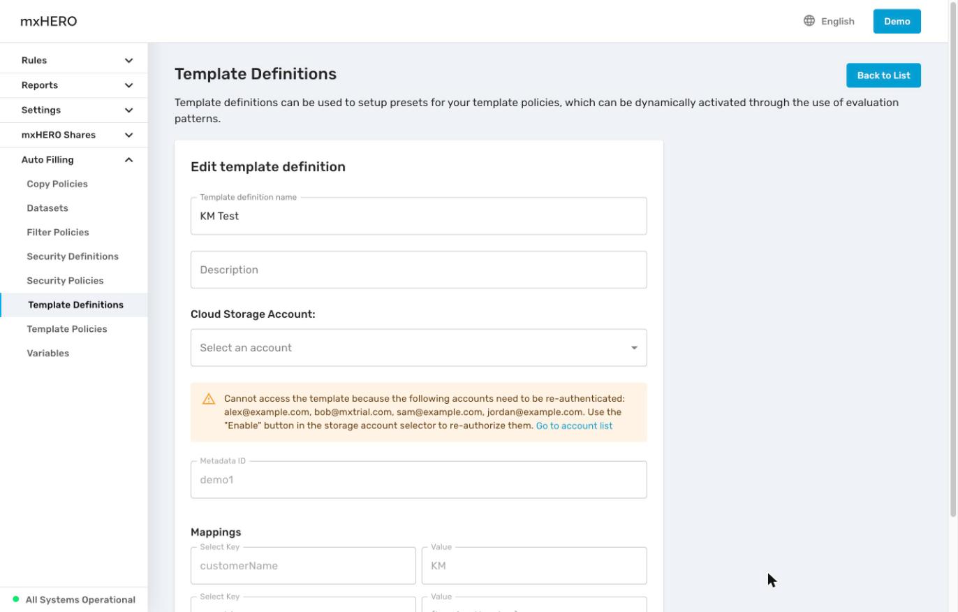 Edit template definition with Metadata ID and Mappings rows mapping template fields to variables