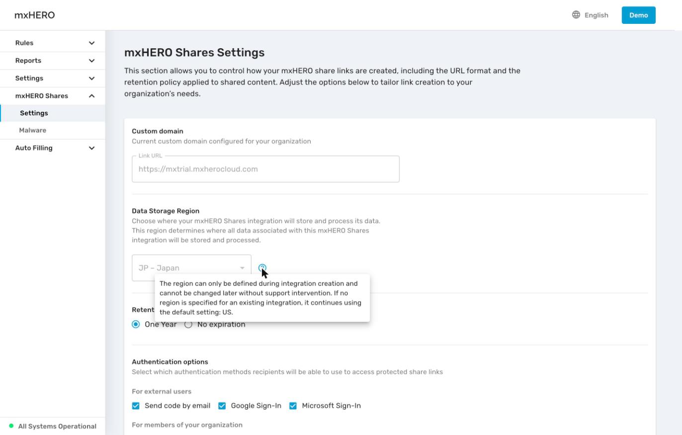 Help text for Data Storage Region: the region can only be defined during integration creation