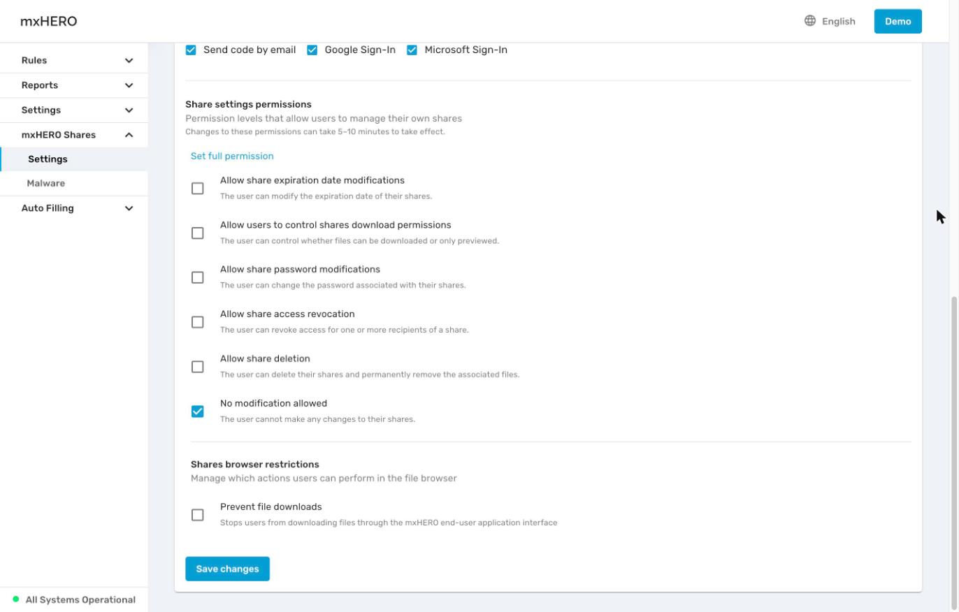 Share settings permissions and Shares browser restrictions with the Save changes button