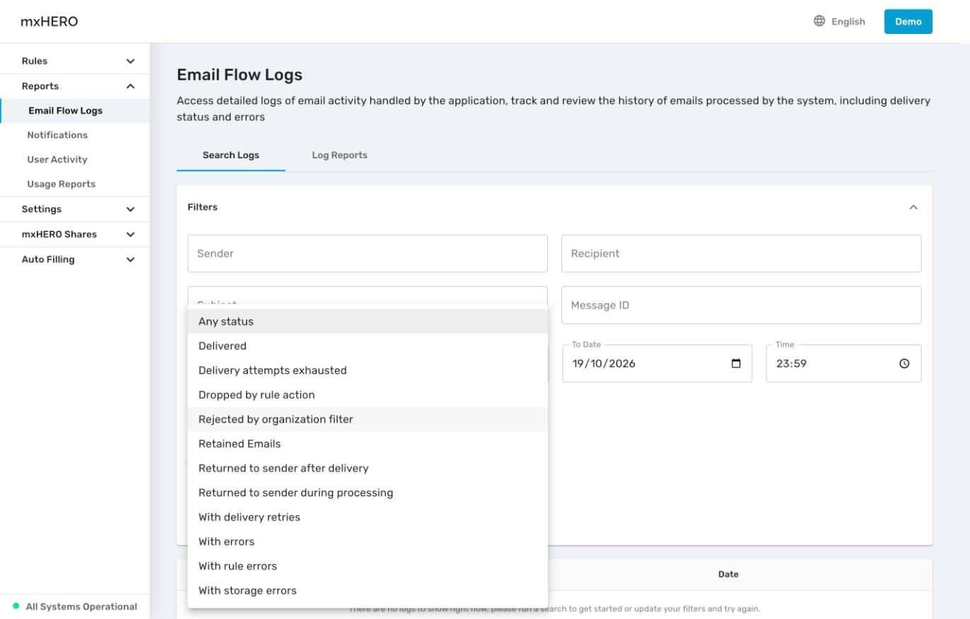 Delivery status options in Email Flow Logs
