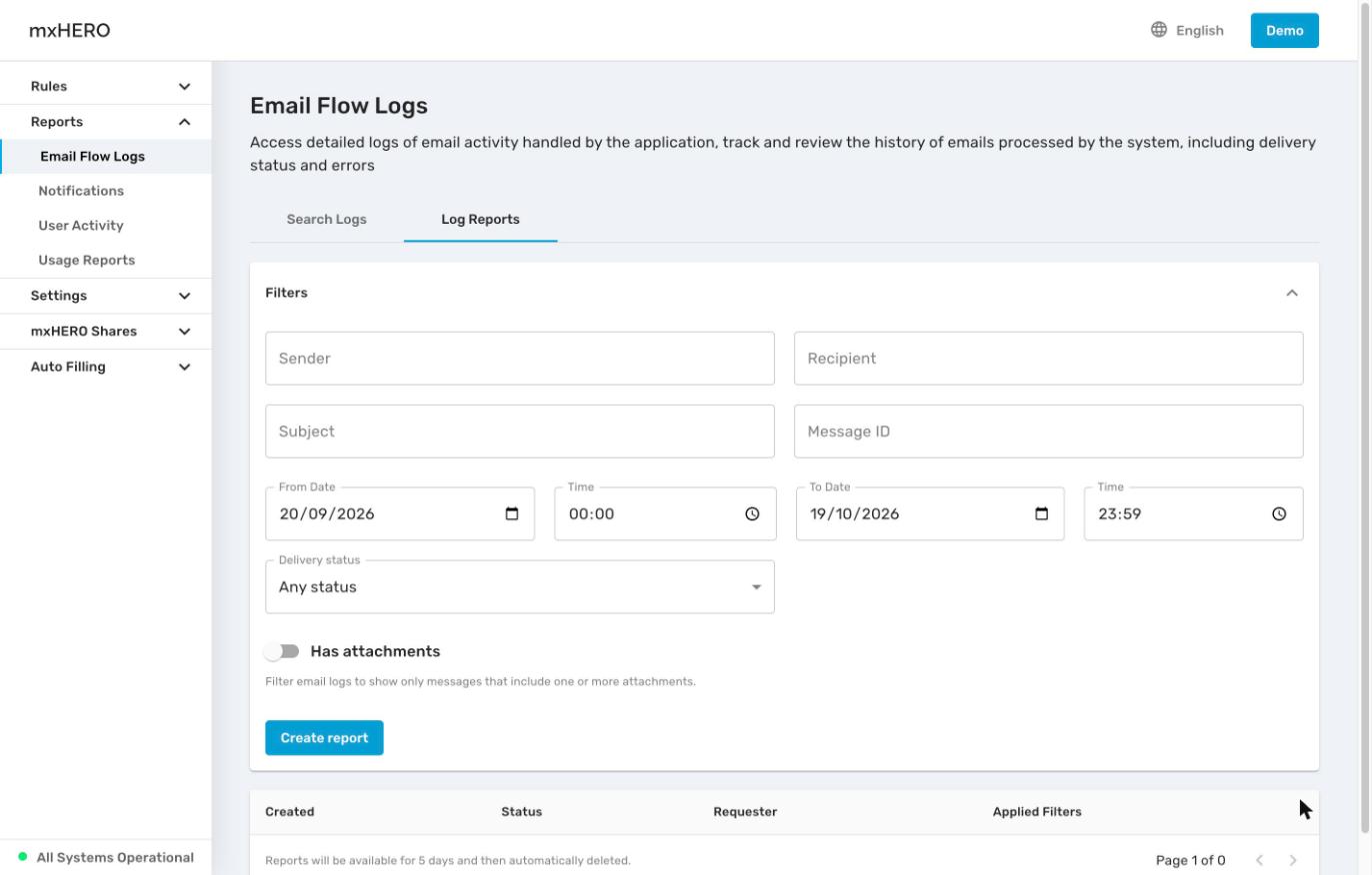 Log Reports tab with filters, the Create report button and the reports table